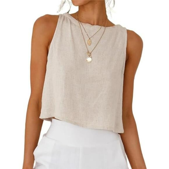 Womens Linen Crop Top Sleeveless High Neck Summer Tank Lightweight Casual - Picture 6 of 6
